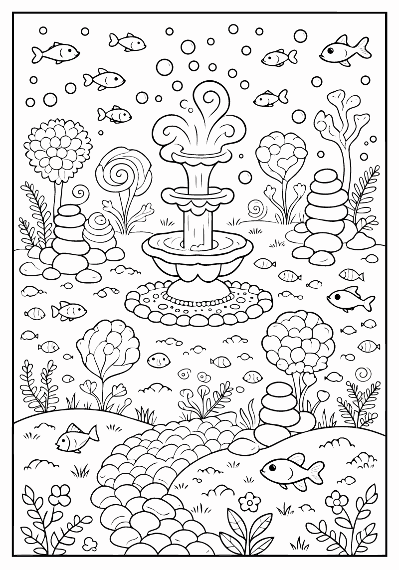Maleside til print: havbundens klippehave med springvand