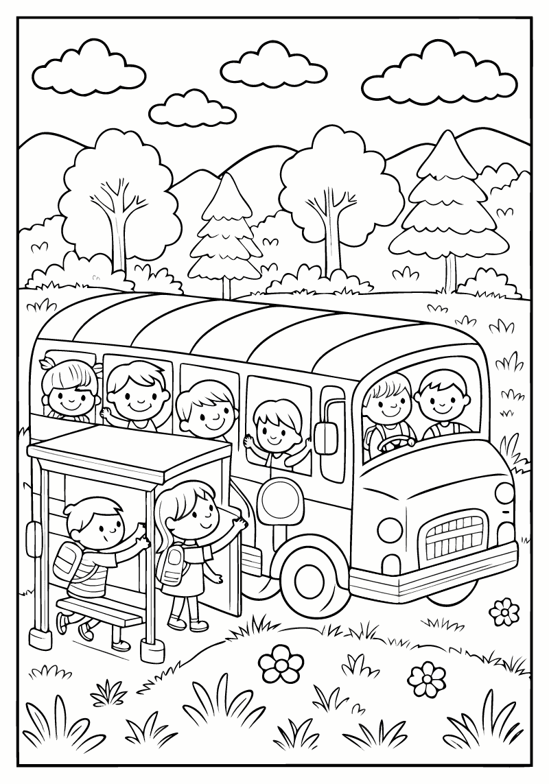 Maleside til print: skolebus fyldt med børn