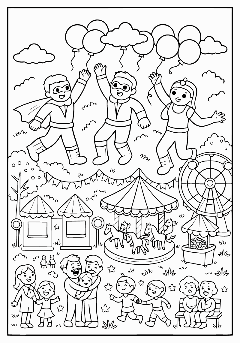 Maleside til print: heltehold redder ballonfyldt festplads