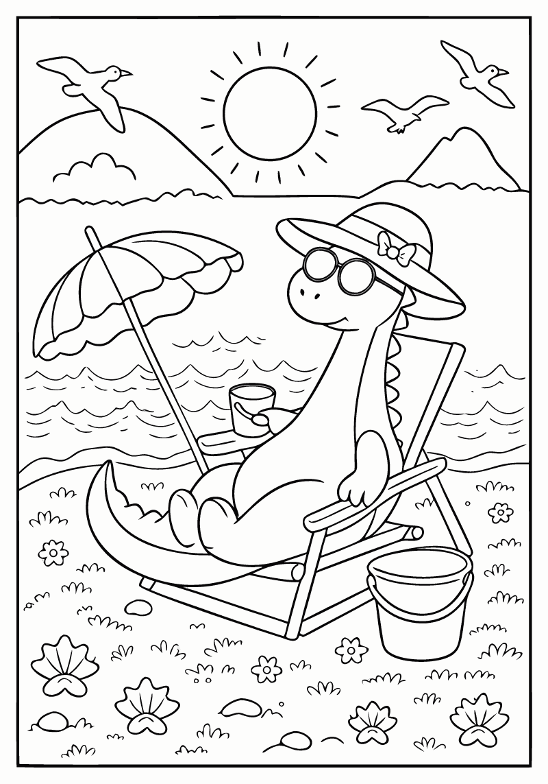 Maleside til print: dinosaur med hat og solbriller