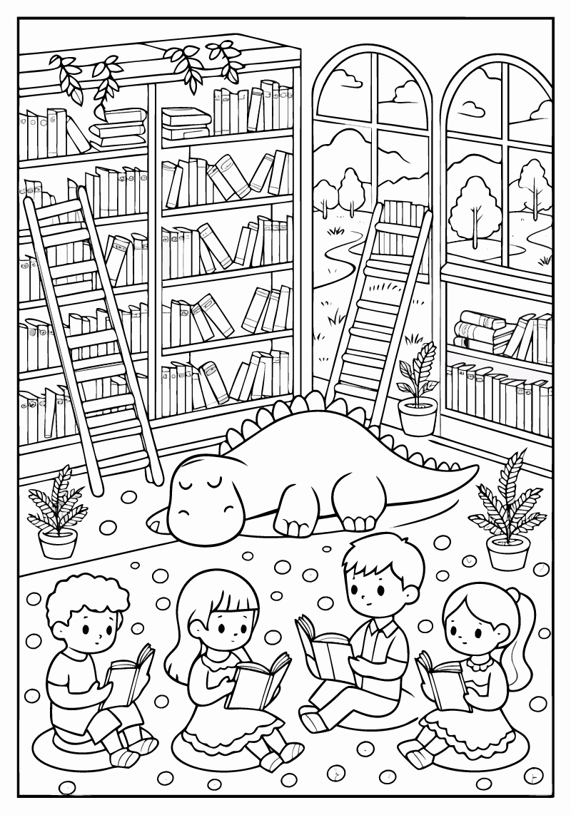 Maleside til print: dinosaurbibliotek fyldt med hylder