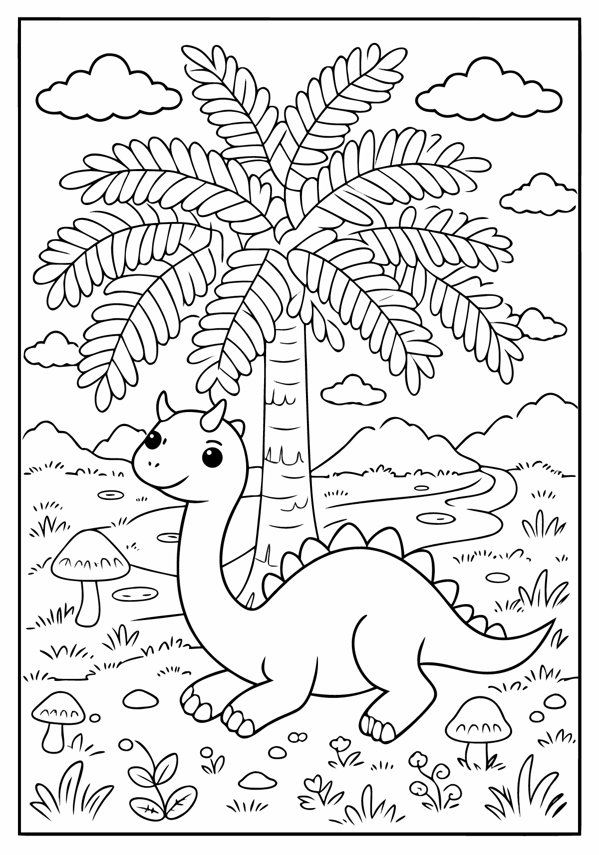 Stregtegning: Dinosaur hviler under kæmpebregne